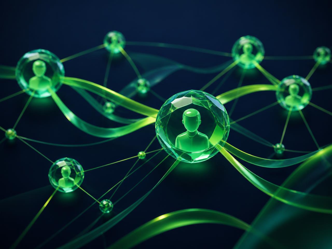 Abstract premium visual of an emerald-and-navy talent network representing the SHOMVOB.BD workforce domain